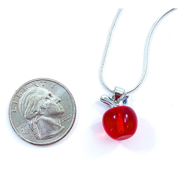 Red Glass Apple Pendant with Rhinestone Leaf - Sterling Silver Plated Chain - Picture 4 of 8